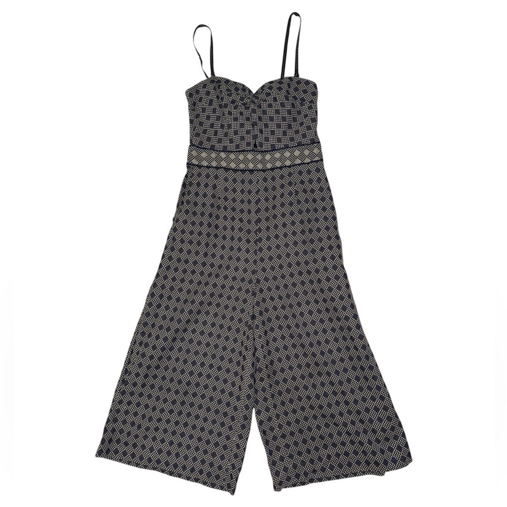 Elevenses Anthropologie bohemian geometric blue tan jumpsuit women’s size 4